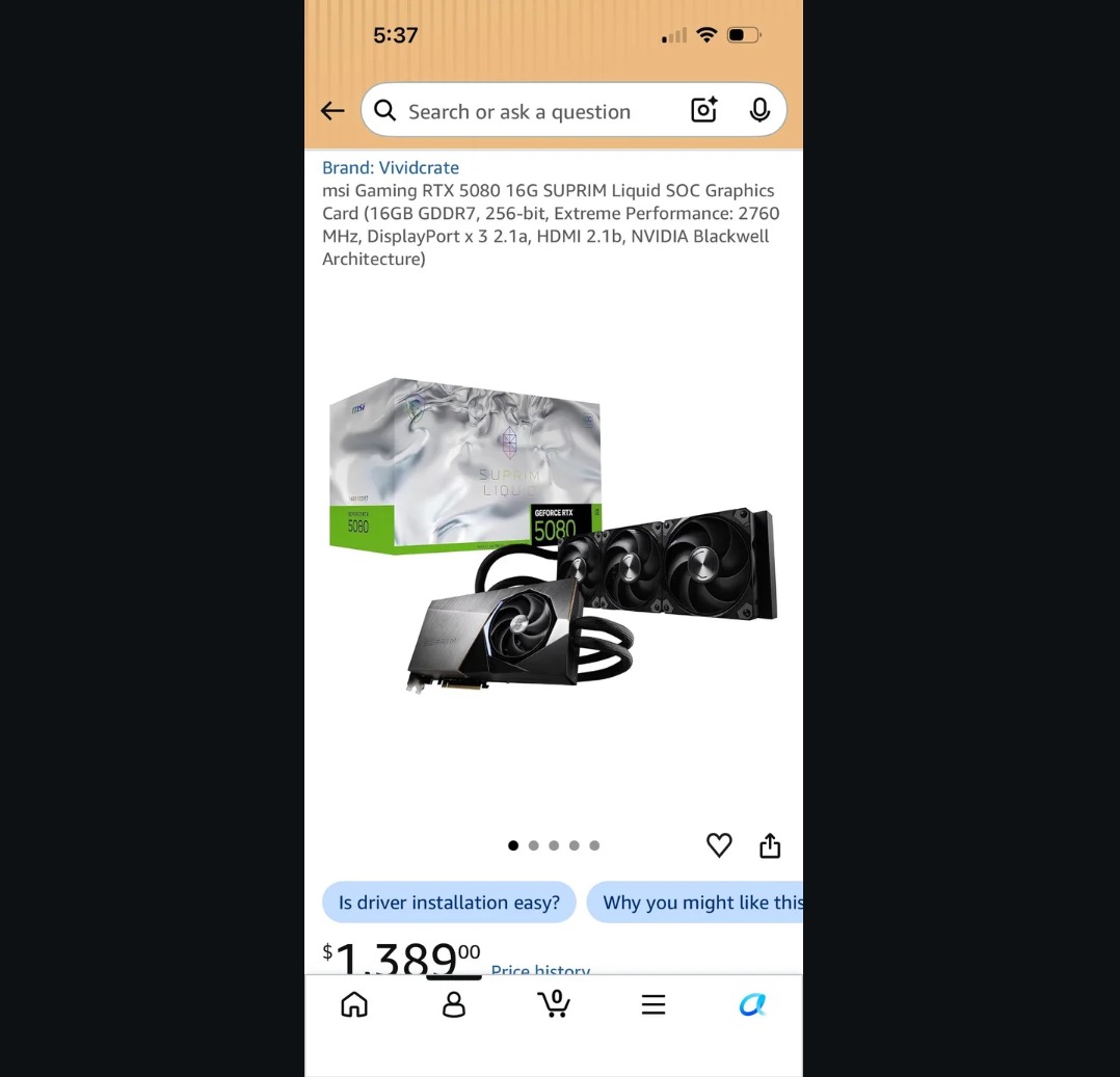 Mẫu MSI GeForce RTX 5080 được niêm yết với giá 1.389 USD, nhưng mục thương hiệu lại hiển thị tên Vividcrate thay vì MSI. Ảnh: Reddit.